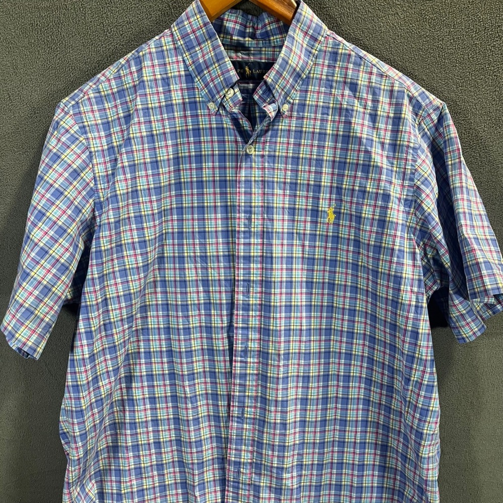 Ralph Lauren Mens Large Plaid Short Sleeve Button Down Shirt Blue Pink Yellow